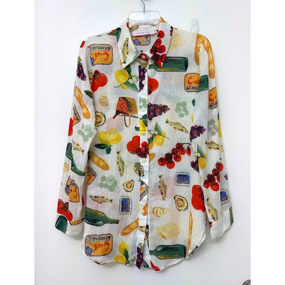 Lisa Says Gah Tessa Food Print Button Down Shirt Top Italian Summer Ivory L - Picture 2 of 15